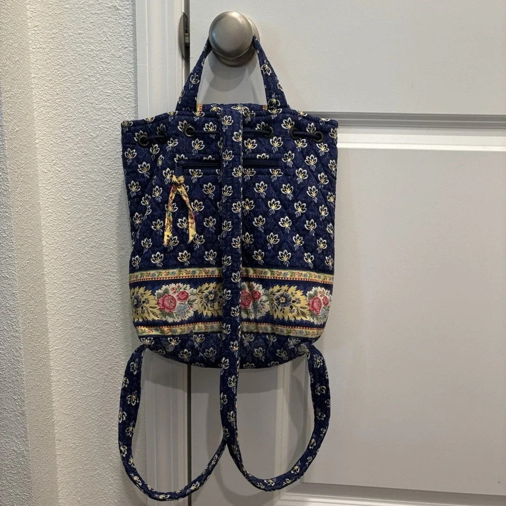 Vera Bradley Maison Blue Yellow Floral Backsack Drawstring Backpack Bag Purse